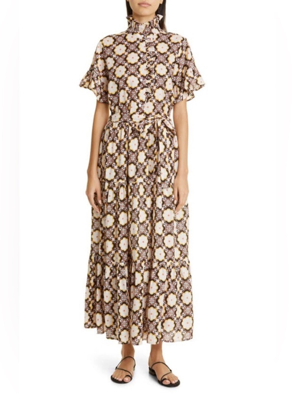 MILLE Victoria ruffle front Floral belted HigH Neck Maxi Dress Merida size XXS
